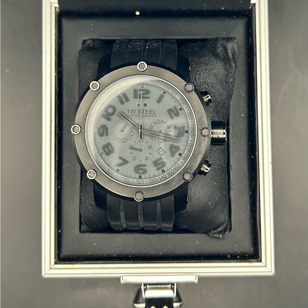 TW Steel Men’s TW129 Black Stainless Steel Silicone Strap Quartz Watch 50mm